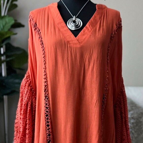 New Velzera Coral Lace Boho Hippie Oversized Relaxed Fit Tunic Shirt s m 1x 2x - Picture 1 of 4